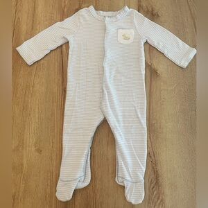 Mudpie Light Blue Stripe Duck Embroidered Pocket Footie